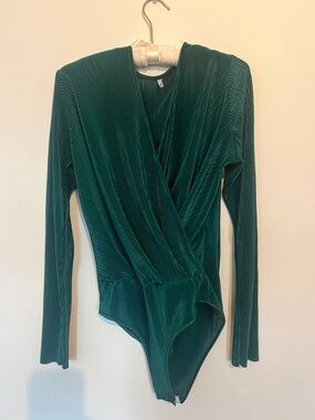 Pleated Wrap-Front Emerald Green Long-Sleeve Bodysuit